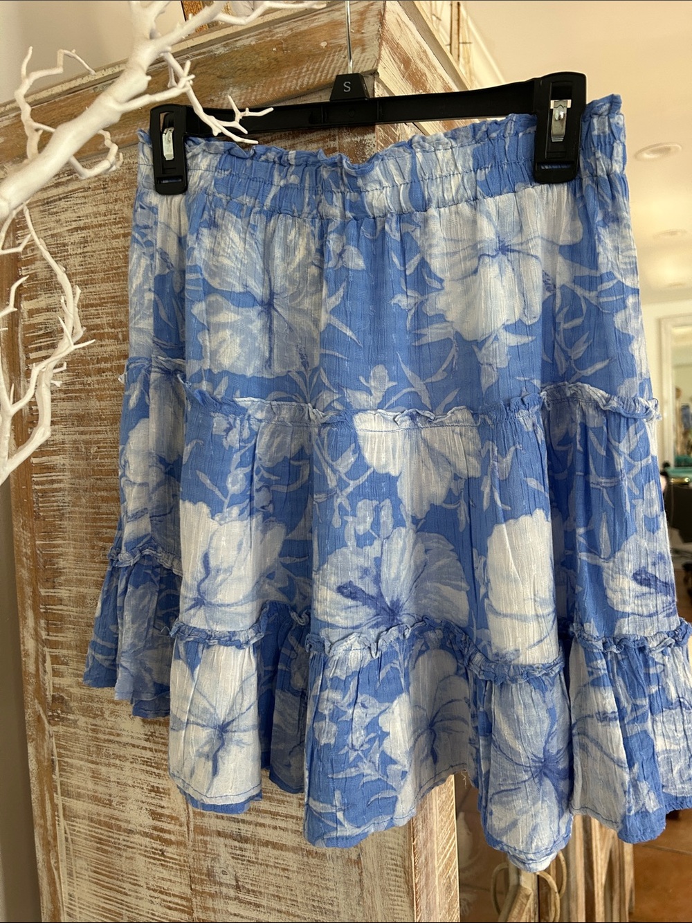 Cynthia Rowley Sky Blue and White Floral Tiered Skater Skirt